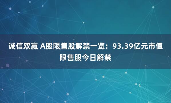 诚信双赢 A股限售股解禁一览：93.39亿元市值限售股今日解禁